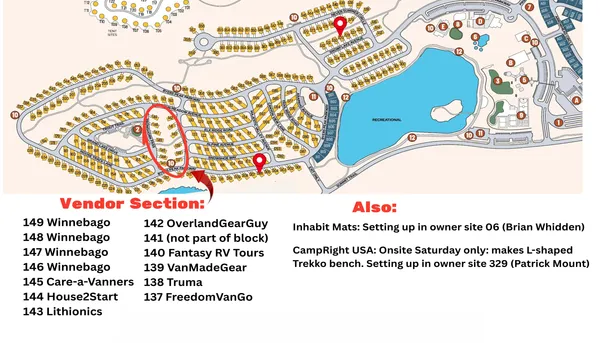 Detail map of the vendor section showing each vendor's campsite location